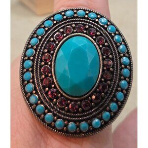 Vintage Faux Turquoise & Red Rhinestone Accent Stretch Ring
